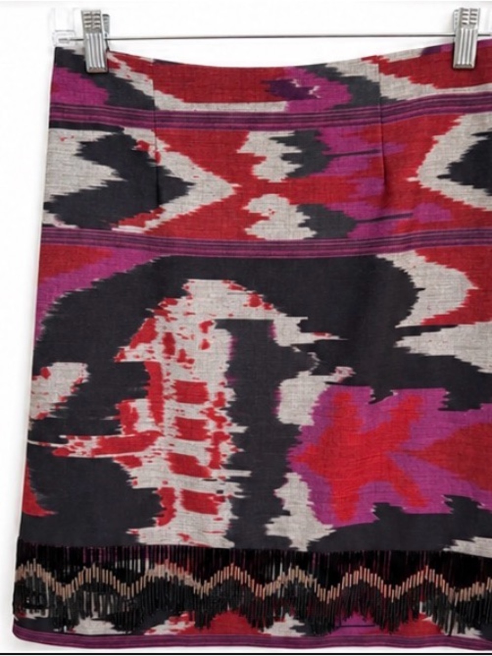 Kobi Halperin skirt featuring an abstract tribal print & beaded fringe trim sz 0